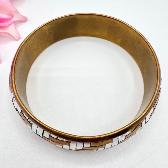 Vintage Two Tone Metallic Basketweave Bangle Bracelet Brass Silver Tone Chunky - Picture 9 of 12